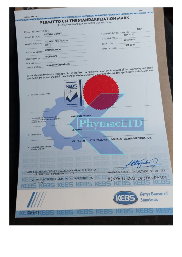 Phymac Ltd | Cooking Oil ATM | Milk ATM | Borehole Water Purifiers KEBS Standardization Cert