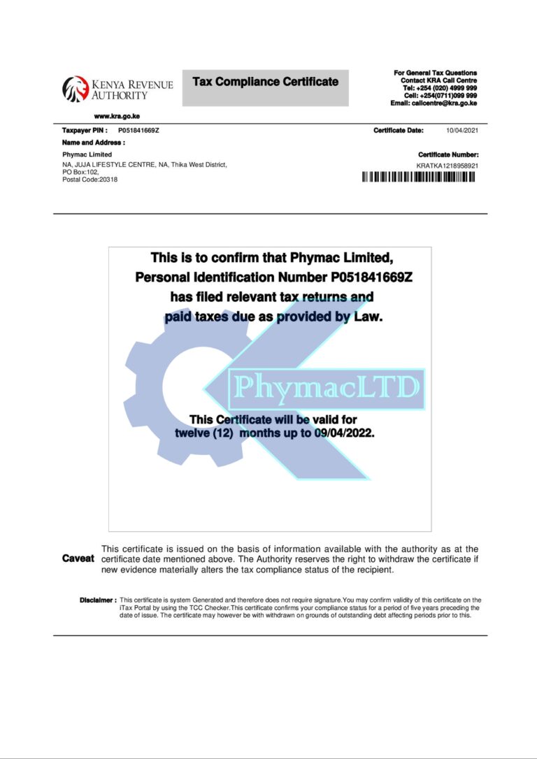 Phymac Ltd | Cooking Oil ATM | Milk ATM | Borehole Water Purifiers KRA Tax Compliance Cert
